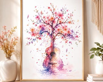 Guitar Tree Life Wall Art Watercolor Floral Music Decor, Boho Living Room Canvas Print, Cozy Home Aesthetic Gift