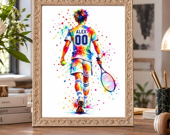 Personalized Tennis Wall Art, Custom Name & Number Sports Poster, Colorful Boys Bedroom Decor, Tennis Player Gift