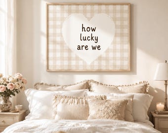 How Lucky Are We Couple Wall Art, Beige Gingham Heart Wall Art, Couple Gift, Cozy Bedroom Decor