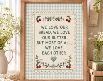 We Love Our Bread We Love Our Butter Muurkunst, Scandinavische volksborduurwerk keukenprint, vintage Cottagecore keukendecor.