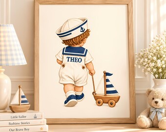 Personalized Nautical Nursery Wall Art, Sailor Boy Name Print, Sailboat Decor, Coastal Baby Room Art