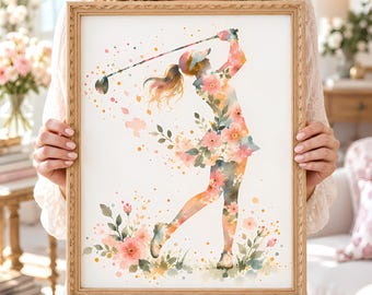 Female Golfer Art, Floral Watercolor Golf Print, Feminine Sports Wall Decor, Elegant Golf Gift for Women Golfers