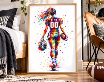 Wandbild mit American-Football-Motiven, personalisierter Druck einer Spielerin, Zimmerdeko für junge Sportler, farbenfrohes Sportposter für Football-Fans
