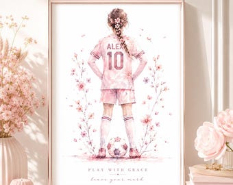 Personalized Girls Soccer Wall Art, Pink Floral Watercolor Sports Poster, Play With Grace Custom Gift for Daughter