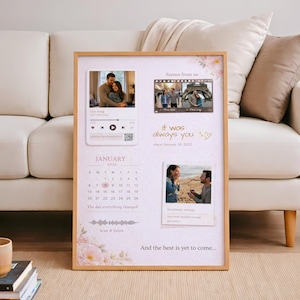 Puede incluir: Una impresión enmarcada con un borde de madera clara, con fotos, texto y un calendario. El texto dice "it was always you" y "And the best is yet to come...". El calendario destaca el 18 de enero de 2022. También se incluyen acentos florales y un gráfico de reproductor de música.