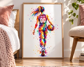 Personalized Basketball Wall Art, Colorful Female Player Poster, Teen Bedroom Decor, Custom Name and Number Sports Gift