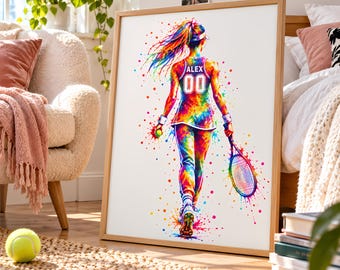 Personalized Tennis Wall Art, Colorful Female Tennis Player Print, Teen Bedroom Decor, Sports Gift for Tennis Lovers