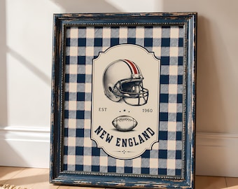 Decorazione murale a tema football del New England, stampa digitale con casco vintage del New England, decorazioni sportive blu navy per la cameretta dei bambini, download digitale per la camera dei ragazzi