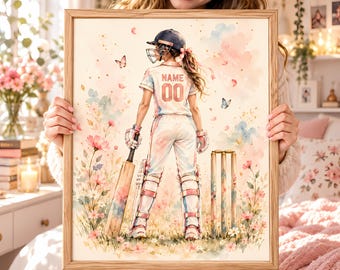 Personalized Cricket Wall Art for Girls, Watercolor Female Player Print, Custom Name & Number, Teen Sports Room Decor