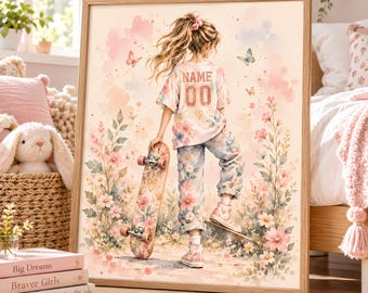 Personalized Skateboard Wall Art for Girls, Teen Girl Room Decor, Floral Skater Print, Custom Name Tween Bedroom Art