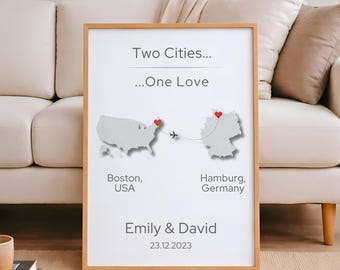 Poster personalizzato con mappa di due città e un amore, poster con mappa di una città a lunga distanza, regalo di anniversario (download digitale)