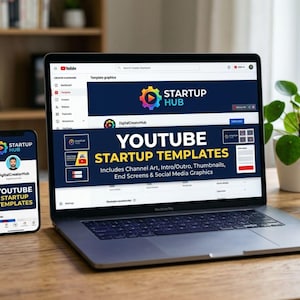 Puede incluir: Un portátil y un smartphone muestran plantillas de inicio de YouTube. La pantalla del portátil muestra un banner de YouTube con el texto "STARTUP HUB" y "YOUTUBE STARTUP TEMPLATES". Un smartphone muestra un diseño similar. Una taza con "CREATE" está sobre la mesa.