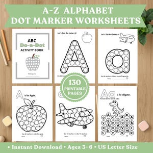 以下が含まれることがあります： A-Zアルファベットドットマーカーワークシート。画像は、子供向けの印刷可能なアクティビティページです。ページにはアルファベットが掲載されており、文字、リンゴ、飛行機、ワニを色付けするためのドットマーカーが付いています。「ABC Do-a-Dot Activity Book」と「130 Printable Pages」の文字が含まれています。