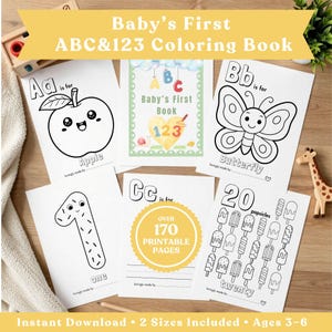Op de afbeelding: Een verzameling afdrukbare kleurplaten voor kinderen. De pagina's bevatten illustraties van een appel, een vlinder, het nummer één en ijsjes. De tekst op de pagina's bevat "Baby's First ABC & 123 Coloring Book", "Apple", "Butterfly", "one" en "twenty".