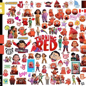 Può includere: Una collezione di file digitali a tema Turning Red, inclusi i formati SVG e PNG. Le immagini presentano personaggi ed elementi del film d'animazione, con sovrapposizioni di testo come "Turning Red" e "4-Town".