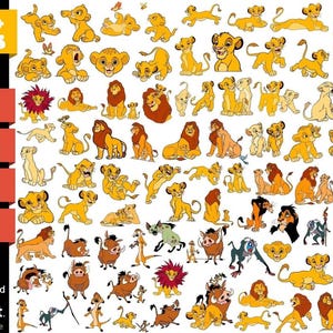 Puede incluir: Una colección de ilustraciones de dibujos animados con personajes de El Rey León. Las imágenes incluyen leones, cachorros y otros animales en varias poses y escenas. La imagen también incluye el texto "280+ FILES", "SVG", "PNG", "DXF", "PDF", "instant download", "cricut" y "silhouette".