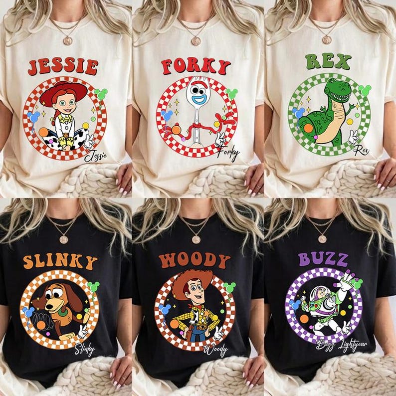 Custom All Disneyland Pixar Toy Story Checkered Shirt, Woody Buzz Jessie Rex Lotso, Family Vacation Tee, Personalized Group Matching Tee image 1