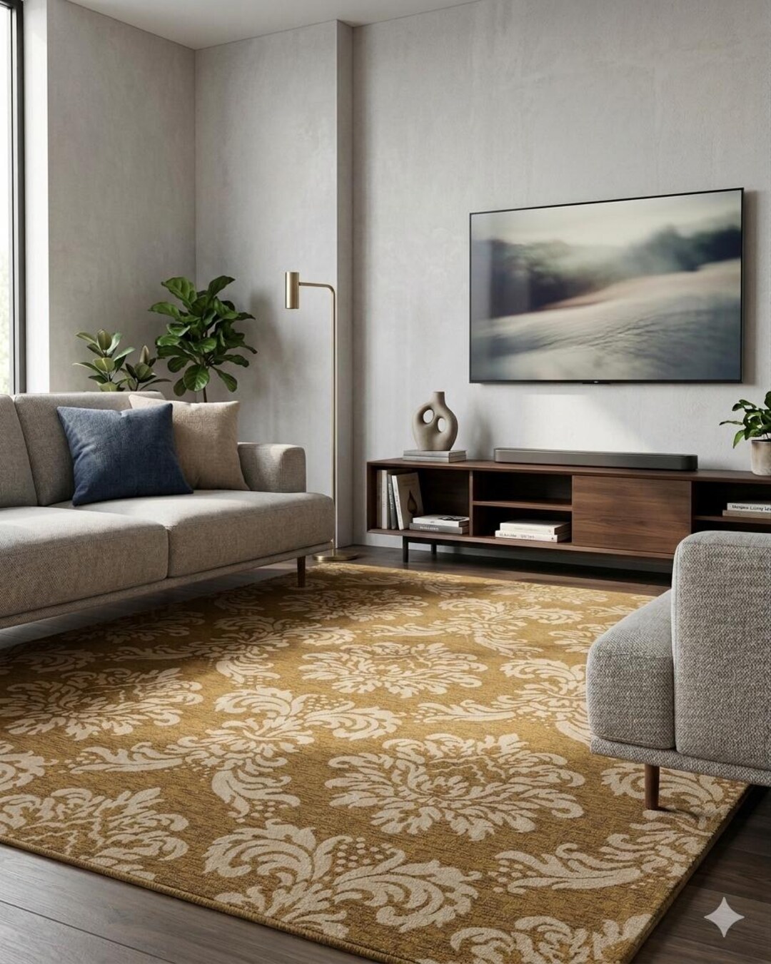 Vintage Damask Pattern Rug, Beige Brown Classic Area Carpet, Hand ...