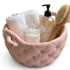 Pink Quilted Bathroom Basket, Tufted Effect Storage Bin, Aesthetic Vanity Organizer, Soft Pink Spa Decor, Luxury Hand Towel Holder