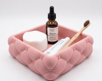 Organizador de tocador acolchado rosa, decoración de baño con estética coqueta, bandeja de maquillaje acolchada, almacenamiento de productos para el cuidado de la piel impreso en 3D, decoración suave para la habitación de niña.