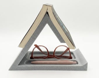 Triangle Book Rest for Nightstand, Wooden Style Book Holder with Glasses Tray, Minimalist Reading Valet, Gift for Bookworm, Bedside Book Nook