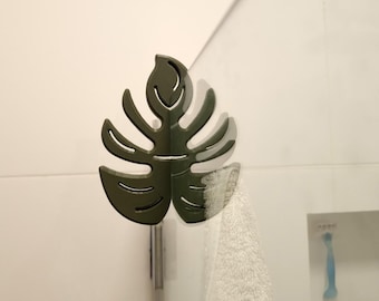 Monstera Leaf Shower Glass Hook, Over the Door Towel Rack, Plant Lover Bathroom Decor, Green Leaf Robe Holder, Tropical Bathroom Accessories