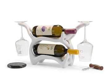 Modern Wine Rack with Glass Holder, Abstract Organic Wine Bottle Display, Minimalist Scandi Barware, Housewarming Gift for Wine Lovers