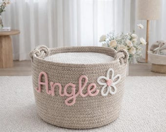 Personalized Baby Storage Basket, Custom Baby Name Basket, Woven Rope Toy Bin, Baby Shower Gift, Nursery Decor