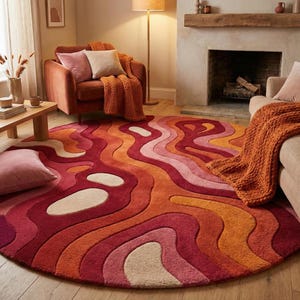Handmade tufted New Zealand wool rug red orange abstract wavy pattern round modern design