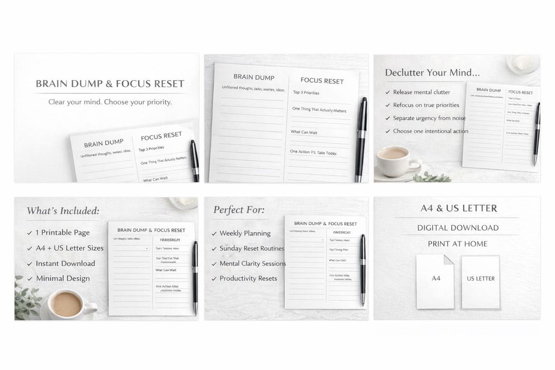 Brain Dump Printable Planner Page | Focus Reset Worksheet PDF | Mental ...
