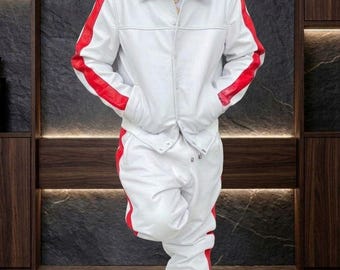 Herrträningsset i vitt läder - Lyxig rödrandig läderjacka och joggingbyxor