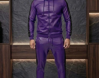 Lila läderträningsoverall för män – set med huva och joggingbyxor