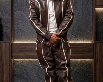 Brunt läderträningsoverall för män – bomberjacka, joggingbyxor, vit kantband, streetwear