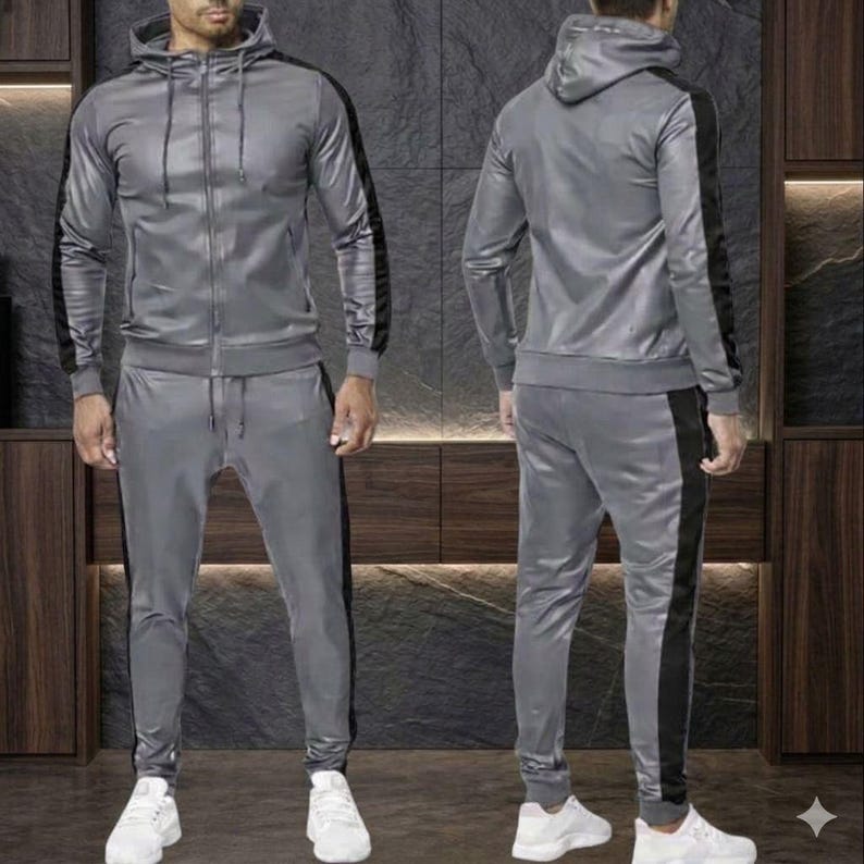 Brayden Träningsoverall i äkta läder för män - Grå med svarta detaljer - Joggingoverall i läder - Handgjord premiumläderoutfit - Lyxigt läder bild 1