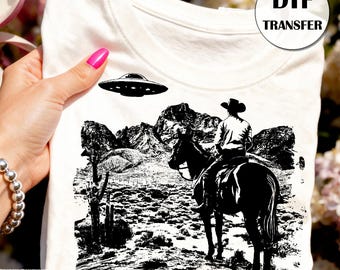Cowboy UFO DTF Transfer Ready to Press, Western Alien Desert Shirt Print