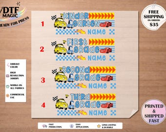 Custom Cars Back to School DTF Transfer, Kindergarten Grade Name Ready to Press