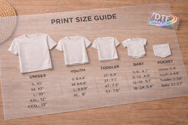 May include: A clear print size guide displays white t-shirts in various sizes: unisex, youth, toddler, baby, and a pocket. Measurements are provided in inches for each size, including S, M, L, XL, XXL, and XXXL.
