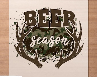 Beer Season DTF Transfer, Hunting Deer Antlers Camo Ready to Press Heat Transfer
