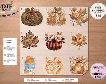 Patchwork Pumpkin DTF Transfer, Fall Leaf Thanksgiving Ready To Press Designs