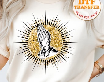 Praying Hands DTF Transfer Ready to Press Catholic Rosary Faith Shirt Gold Sunburst