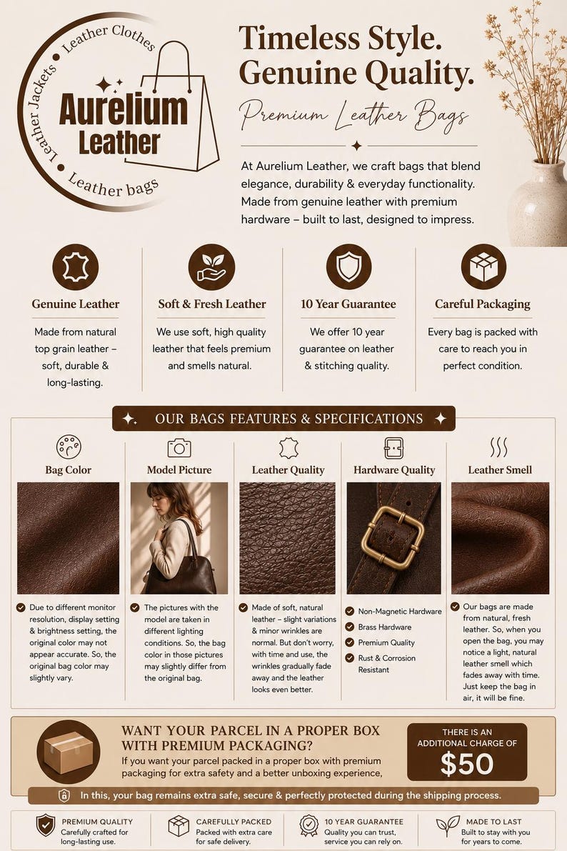 May include: An infographic for Aurelium Leather featuring text about premium leather bags, genuine leather quality, a 10-year guarantee, and packaging details. It includes icons, a photo of a person with a bag, and a brass buckle detail.