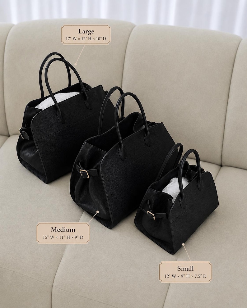 May include: Three black structured handbags in large, medium, and small sizes. The large bag measures 17 inches wide by 12 inches high by 10 inches deep. The medium bag is 15 inches wide by 11 inches high by 9 inches deep. The small bag is 12 inches wide by 9 inches high by 7.5 inches deep.