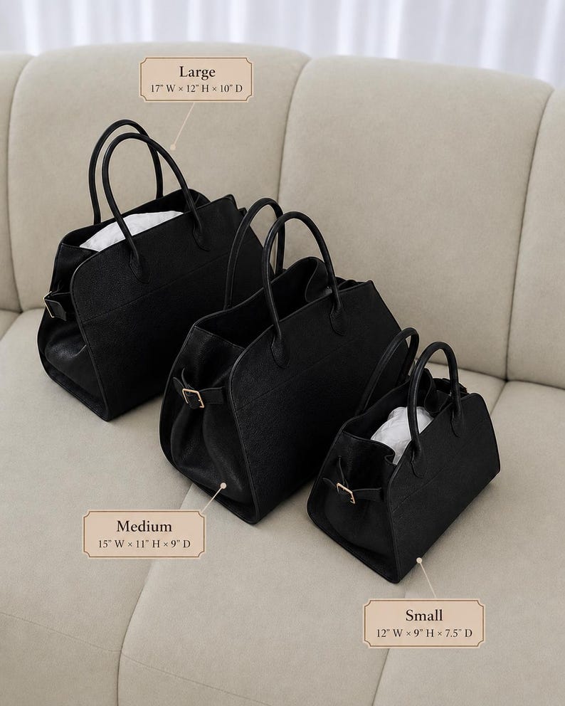 May include: Three black structured handbags in large, medium, and small sizes. The large bag measures 17 inches wide by 12 inches high by 10 inches deep. The medium bag is 15 inches wide by 11 inches high by 9 inches deep. The small bag is 12 inches wide by 9 inches high by 7.5 inches deep.