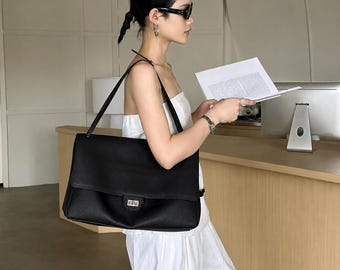 Bolso de hombro tipo hobo Maxi Flap de piel negra de grano superior, de gran capacidad, holgado, para mujer, tipo bolso de mano con hebilla y cierre, ideal como regalo.