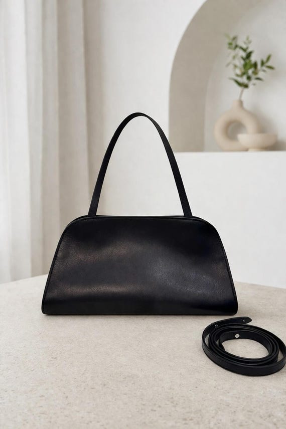 Leather Baguette Bag Women Black Shoulder Bag with Strap Sleek 90s Underarm Bag / Purse Everyday Commuter Trendy Top Handle Peggy Clutch Bag
