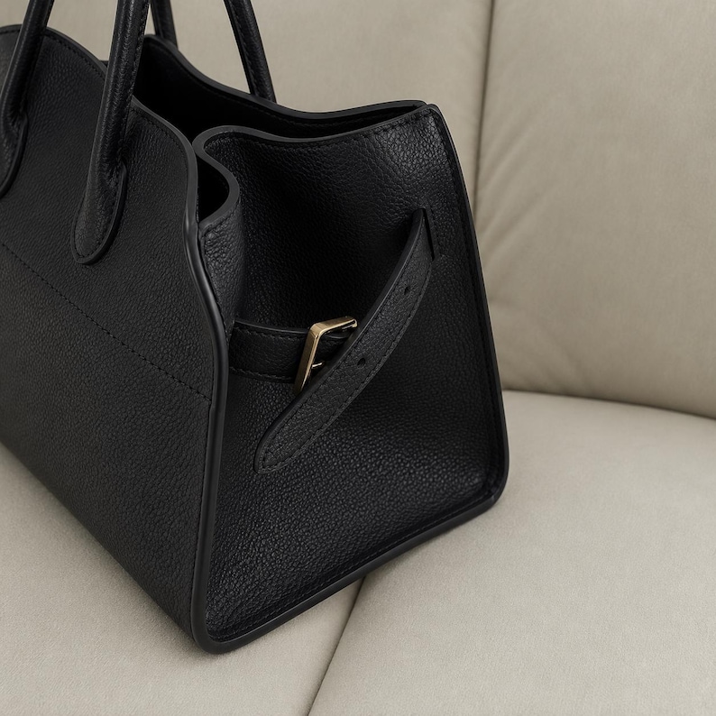 May include: A black handbag with a textured surface, featuring two top handles and a side strap secured with a gold-toned metal buckle. The bag has a structured design with visible stitching along the edges and a smooth interior lining visible.