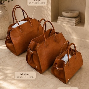 May include: Three brown tote bags in small, medium, and large sizes. The large bag measures 17 inches wide by 12 inches high by 10 inches deep. The medium bag is 15 inches wide by 11 inches high by 9 inches deep. The small bag is 12 inches wide by 9 inches high by 7.5 inches deep.