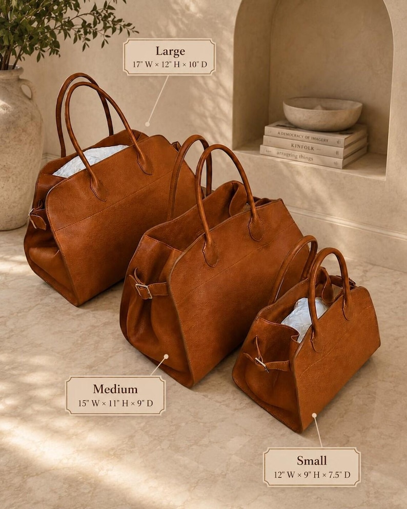 May include: Three brown tote bags in small, medium, and large sizes. The large bag measures 17 inches wide by 12 inches high by 10 inches deep. The medium bag is 15 inches wide by 11 inches high by 9 inches deep. The small bag is 12 inches wide by 9 inches high by 7.5 inches deep.