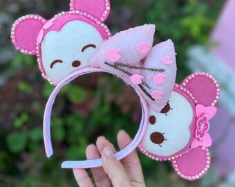 Disney Ears Mickey Ears | Pink Minnie Mickey Mouse Ears Headband | Pink Sakura | Cherry Blossoms | Can be done as Hair Clips Barrettes