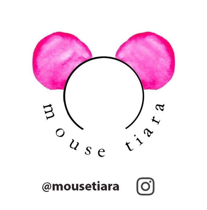 May include: A logo with a mouse ear design, comprising two pink watercolour circles and a black semi-circle. The words "mouse tiara" are curved around the design. The Instagram handle "@mousetiara" is below.